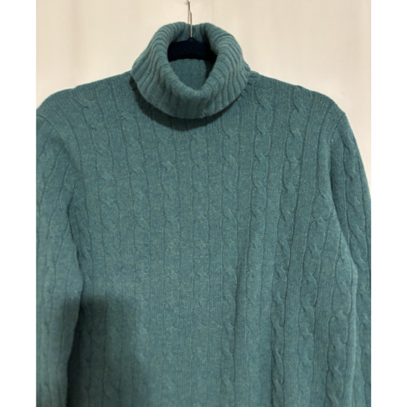 POLO Ralph Lauren Sweater Large Turtleneck Green Cableknit Wool Cashmere - Picture 2 of 7